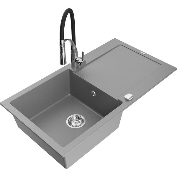 Mexen Leo Lavello Da Cucina In Granito 1-Vasca Con Sgocciolatoio E Miscelatore Aster, Grigio - 6501-71-73450-07-image