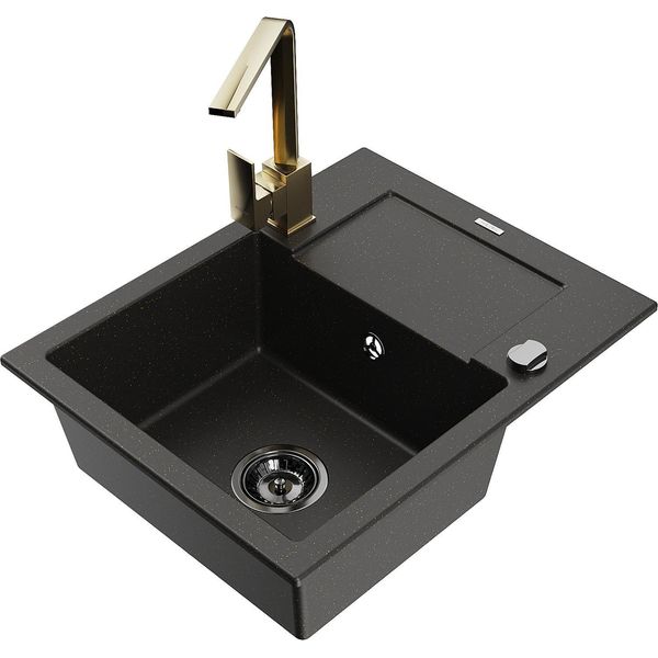 Mexen Enzo Lavello In Granito A 1 Vasca Con Scolapiatti E Miscelatore Da Cucina Rita, Nero/Oro Metallico - 6506-75-670300-50-B-image