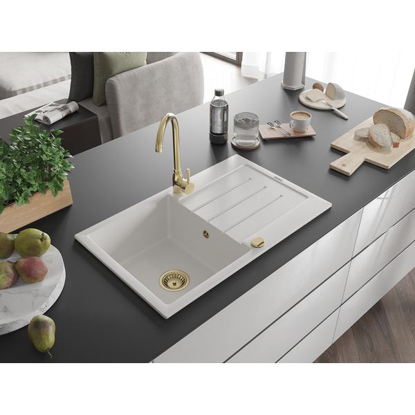 Mexen Bruno Lavello In Granito A 1 Vasca Con Sgocciolatoio 795 X 495 Mm, Bianco, Sifone Dorato - 6513791010-20-G-image