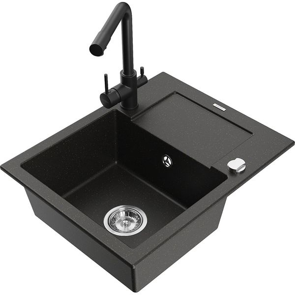 Mexen Enzo Lavello In Granito A 1 Vasca Con Sgocciolatoio E Rubinetto Da Cucina Duero, Nero/Oro Metallizzato - 6506-75-671600-70-image