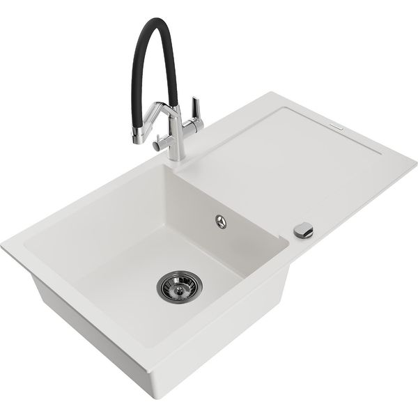 Mexen Leo Lavello In Granito A 1 Vasca Con Scolapiatti E Miscelatore Cucina Duo, Bianco - 6501-20-671701-07-B-image