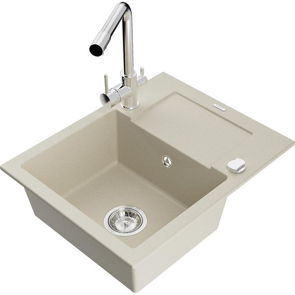 Mexen Enzo Lavello Da Cucina In Granito A 1 Vasca Con Sgocciolatoio E Rubinetto Da Cucina Duero, Beige - 6506-69-671600-00-image