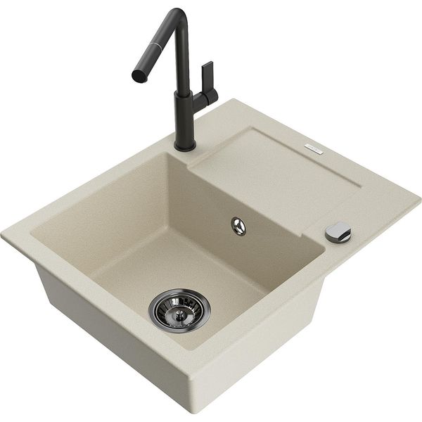 Mexen Enzo Lavello Da Cucina In Granito 1 Vasca Con Scolapiatti E Rubinetto Da Cucina Flora, Beige - 6506-69-670401-70-B-image