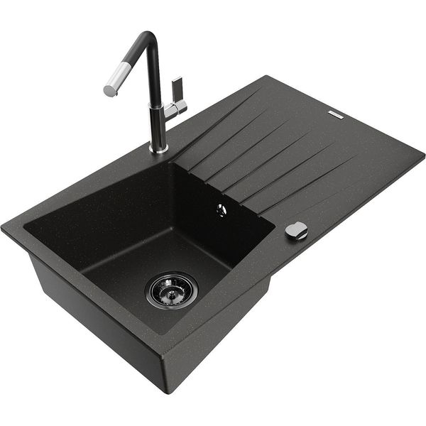 Mexen Cesar Lavello In Granito A 1 Vasca Con Scolapiatti E Rubinetto Da Cucina Flora, Nero/Oro Metallizzato-image