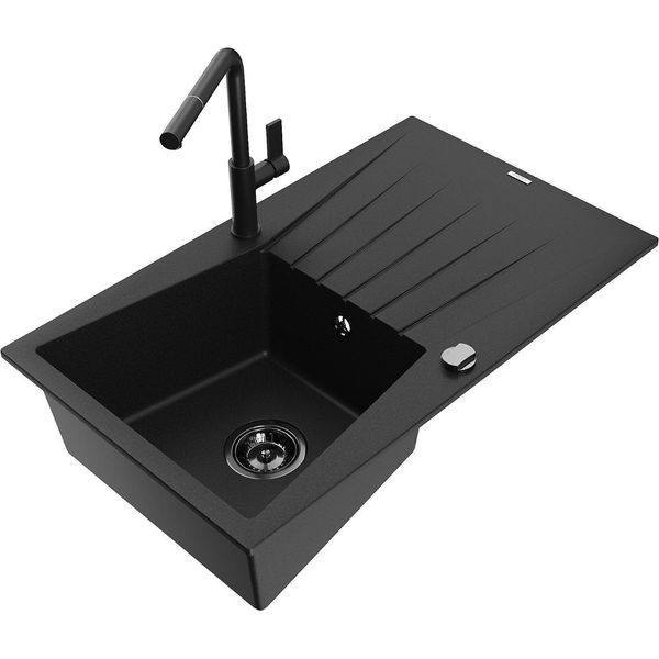 Mexen Cesar Lavabo In Granito 1 Vasca Con Gocciolatoio E Miscelatore Cucina Flora, Nero - 6514-77-670401-70-B-image