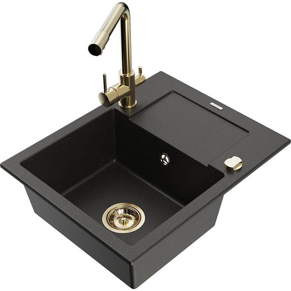 Mexen Enzo Lavello In Granito A 1 Vasca Con Scolapiatti E Rubinetto Da Cucina Duero, Nero/Oro Metallico - 6506-75-671600-50-image