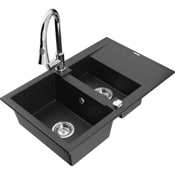 Mexen Gaspar Lavello In Granito A 1,5 Vasca Con Sgocciolatoio E Rubinetto Da Cucina Elia, Nero/Argento Metallizzato-image