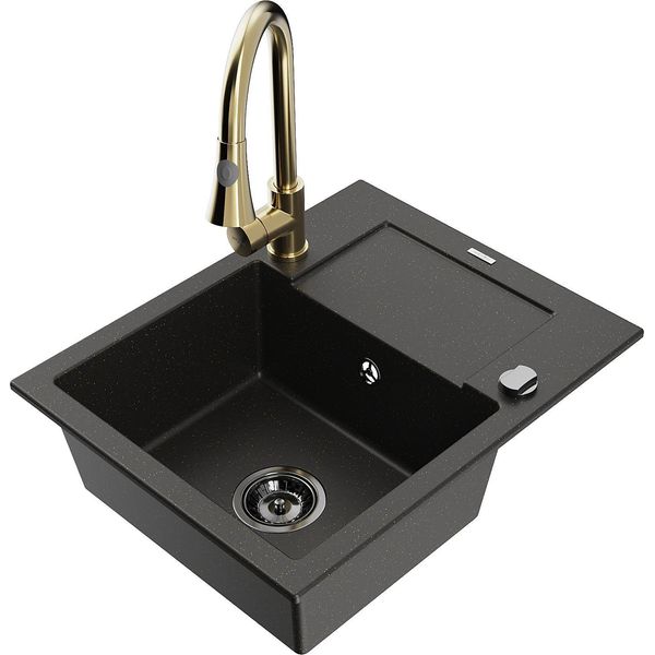 Mexen Enzo Lavello In Granito A 1 Vasca Con Scolapiatti E Rubinetto Da Cucina Elia, Nero/Oro Metallizzato - 6506-75-670101-50-B-image