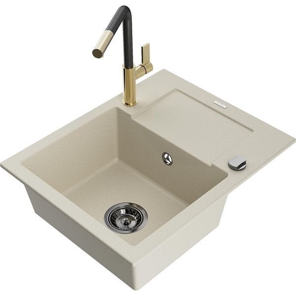 Mexen Enzo Lavello In Granito 1-Vasca Con Sgocciolatoio E Miscelatore Da Cucina Flora, Beige - 6506-69-670401-57-B-image