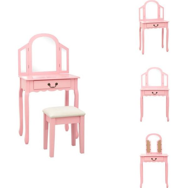 Vidaxl Tavolino Da Toilette Con Sgabello Rosa 65X36X128 Cm In Legno Di Paulownia Mdf - Tavolini Da Toilette-image