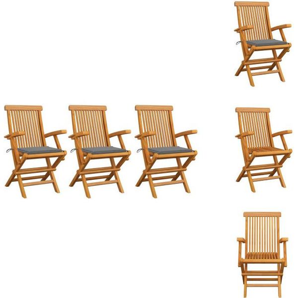 Vidaxl Sedie Da Giardino Con Cuscini Grigi 3 Pz. Legno Massiccio Teak - Sedie Da Giardino-image