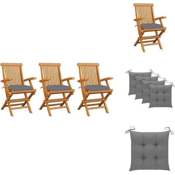 Vidaxl Sedie Da Giardino Con Cuscini Grigi 3 Pz. Legno Massiccio Teak - Sedie Da Giardino-image