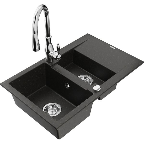 Mexen Gaspar Lavello In Granito 1,5 Vasche Con Scolapiatti E Miscelatore Da Cucina Savita, Nero/Oro - 6507-75-672601-00-image