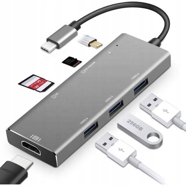 7 In 1 Hub Type-C A 4K Hdmi / Ft / Sd / 3X Usb 3.0 / Adattatore Pd 100W Per Macbook / Laptop Windows-image
