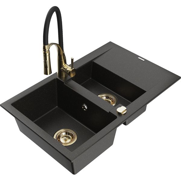 Mexen Gaspar Lavello In Granito 1,5 Vasche Con Scolapiatti E Rubinetto Da Cucina Aster, Nero/Oro Metallico - 6507-75-73450-57-G-image