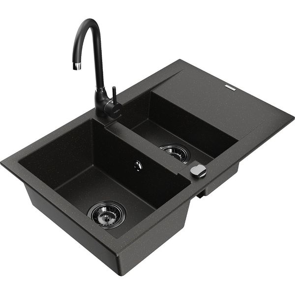 Mexen Gaspar Lavello In Granito 1,5 Vasche Con Scolapiatti E Miscelatore Telma, Nero/Oro - 6507-75-670200-70-B-image