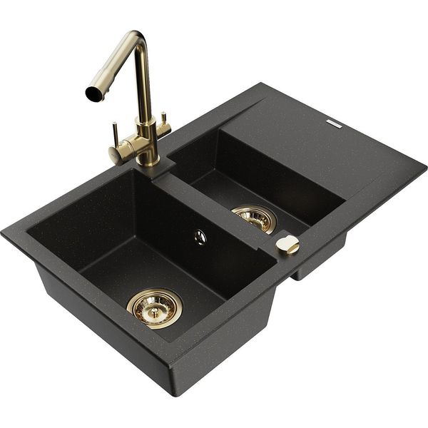 Mexen Gaspar Lavello In Granito A 1,5 Vasche Con Scolapiatti E Rubinetto Da Cucina Duero, Nero/Oro Metallizzato-image