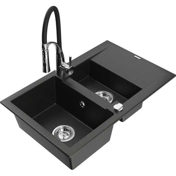 Mexen Gaspar Lavello In Granito 1,5 Vasca Con Sgocciolatoio E Rubinetto Da Cucina Aster, Nero/Oro Metallizzato-image