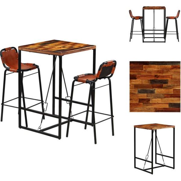 Vidaxl Set Da Bar 3 Pezzi In Legno Massiccio Di Recupero E Vera Pelle Di Capra - Set Da Pranzo-image
