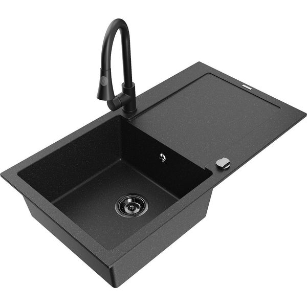 Mexen Leo Lavello In Granito A 1 Vasca Con Sgocciolatoio E Rubinetto Da Cucina Elia, Nero/Argento Metallizzato-image