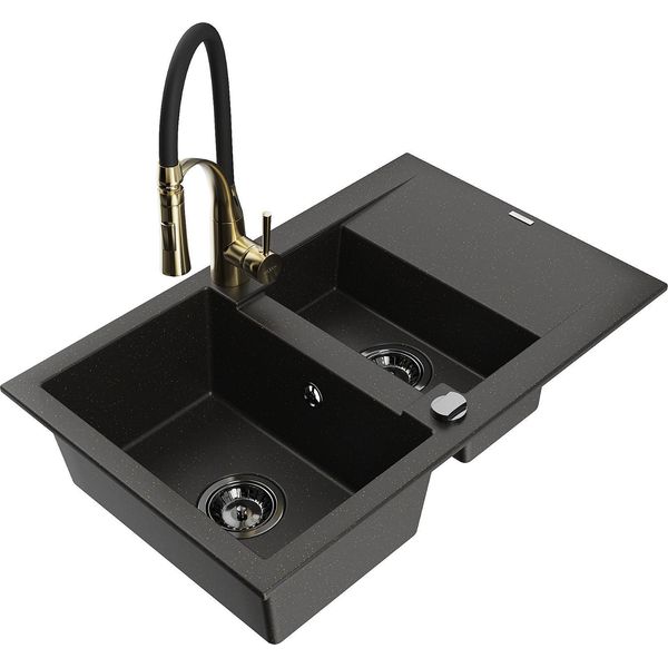 Mexen Gaspar Lavello In Granito 1,5 Vasche Con Scolapiatti E Rubinetto Da Cucina Aster, Nero/Oro Metallizzato-image