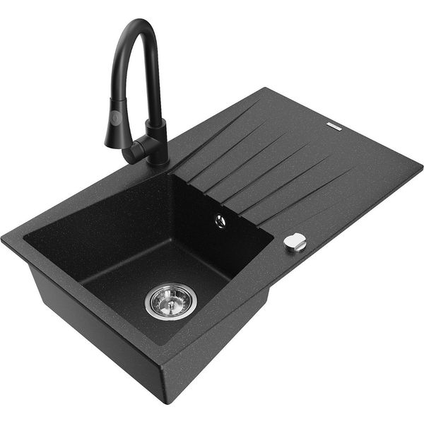 Mexen Cesar Lavello In Granito A 1 Vasca Con Scolapiatti E Rubinetto Da Cucina Elia, Nero/Argento Metallizzato-image