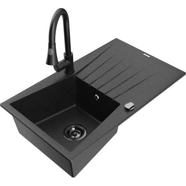 Mexen Cesar Lavello In Granito A 1 Vasca Con Sgocciolatoio E Rubinetto Da Cucina Elia, Nero/Metallizzato Argento-image