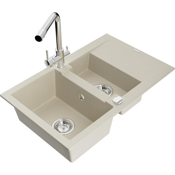 Mexen Gaspar Lavello In Granito 1,5 Vasche Con Sgocciolatoio E Rubinetto Da Cucina Duero, Beige - 6507-69-671600-00-image