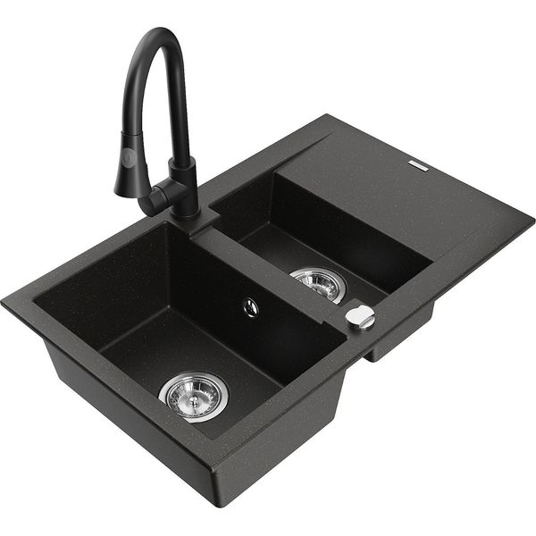 Mexen Gaspar Lavello In Granito A 1,5 Vasche Con Scolapiatti E Rubinetto Da Cucina Elia, Nero/Oro Metallizzato-image