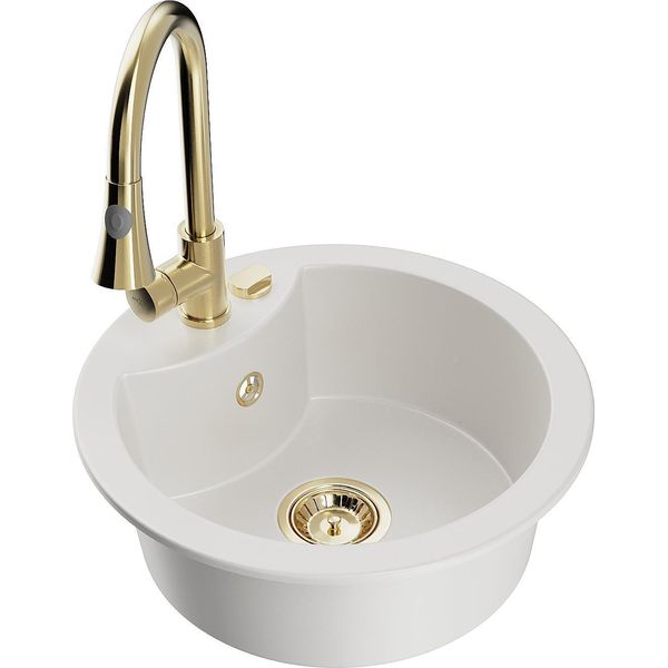 Mexen Diego Lavabo In Granito 1-Vasca Con Rubinetto Da Cucina Elia, Bianco - 6512-20-670101-50-image