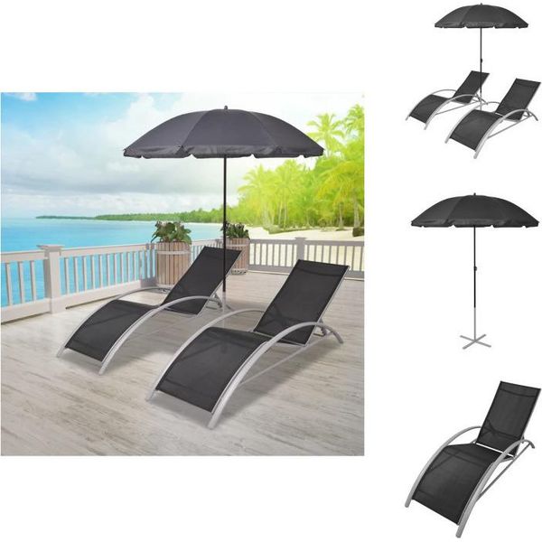 Vidaxl Lettini Prendisole Con Ombrellone In Alluminio Nero - Lettini Prendisole-image