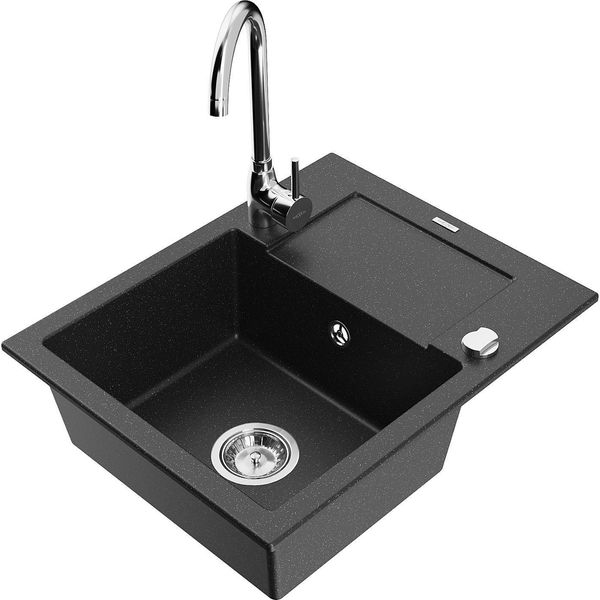 Mexen Enzo Lavello Da Cucina In Granito 1-Vasca Con Scolapiatti E Rubinetto Cucina Telma, Nero/Argento - 6506-73-670200-00-image