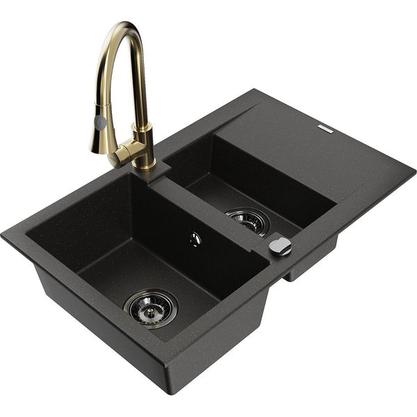 Mexen Gaspar Lavello In Granito A 1,5 Vasche Con Scolapiatti E Rubinetto Da Cucina Elia, Nero/Oro Metallizzato-image