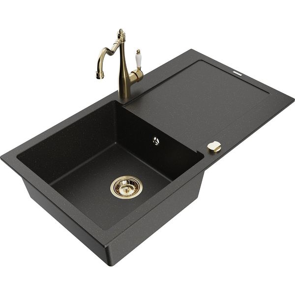 Mexen Leo Lavello In Granito 1-Vasca Con Scolapiatti E Rubinetto Da Cucina Carla, Nero/Oro Metallizzato - 6501-75-670700-50-image
