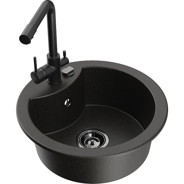 Mexen Diego Lavello In Granito A 1 Vasca Con Rubinetto Da Cucina Duero, Nero/Oro Metallizzato - 6512-75-671600-70-B-image