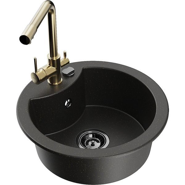 Mexen Diego Lavello In Granito A 1 Vasca Con Miscelatore Cucina Duero, Nero/Oro Metallizzato - 6512-75-671600-50-B-image