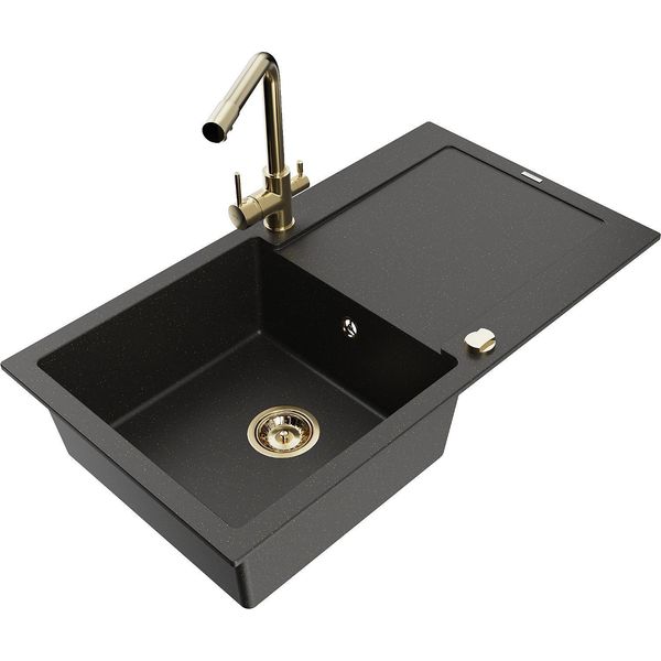 Mexen Leo Lavello In Granito A 1 Vasca Con Sgocciolatoio E Rubinetto Da Cucina Duero, Nero/Oro Metallizzato - 6501-75-671600-50-image