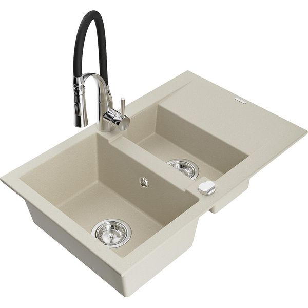 Mexen Gaspar Lavello In Granito 1,5 Vasca Con Sgocciolatoio E Miscelatore Cucina Aster, Beige - 6507-69-73450-07-image