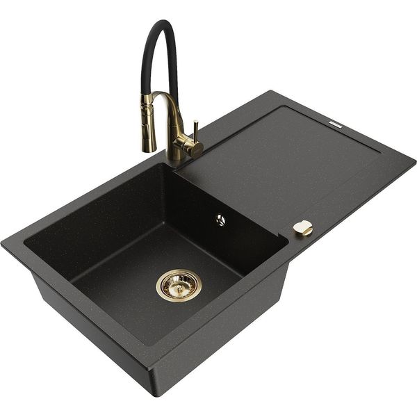 Mexen Leo Lavello In Granito A 1 Vasca Con Scolapiatti E Rubinetto Da Cucina Aster, Nero/Oro Metallizzato - 6501-75-73450-57-G-image