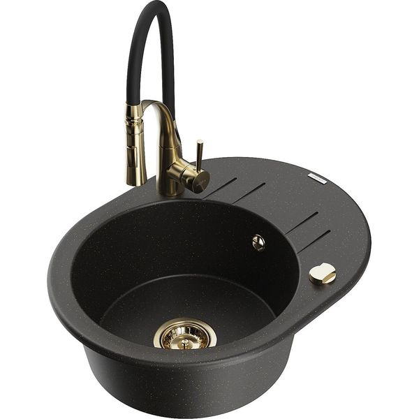 Mexen Kevin Lavello In Granito A 1 Vasca Con Scolapiatti E Rubinetto Da Cucina Aster, Nero/Oro Metallizzato - 6517-75-73450-57-G-image