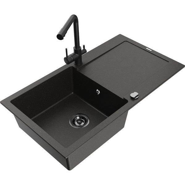 Mexen Leo Lavello In Granito A 1 Vasca Con Scolapiatti E Miscelatore Cucina Duero, Nero/Oro Metallizzato - 6501-75-671600-70-B-image