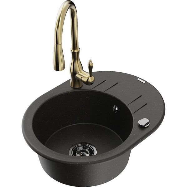 Mexen Kevin Lavello In Granito 1 Vasca Con Sgocciolatoio E Rubinetto Da Cucina Savita, Nero/Oro Metallizzato-image