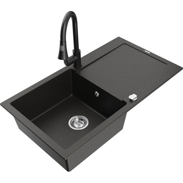 Mexen Leo Lavello In Granito A 1 Vasca Con Sgocciolatoio E Rubinetto Da Cucina Elia, Nero/Oro Metallizzato - 6501-75-670101-70-image