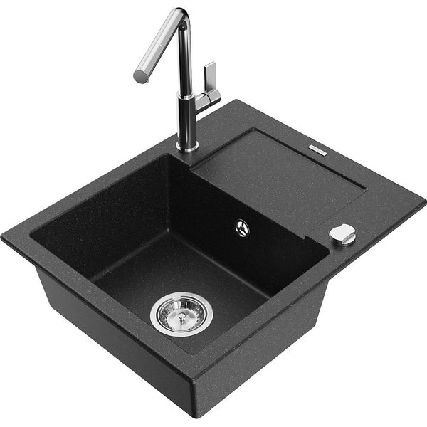 Mexen Enzo Lavello In Granito Ad Una Vasca Con Scolapiatti E Rubinetto Da Cucina Flora, Nero/Argento Metallizzato-image