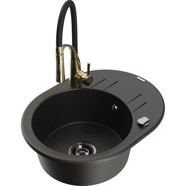 Mexen Kevin Lavello In Granito A 1 Vasca Con Scolapiatti E Rubinetto Da Cucina Aster, Nero/Oro Metallizzato - 6517-75-73450-57-B-image