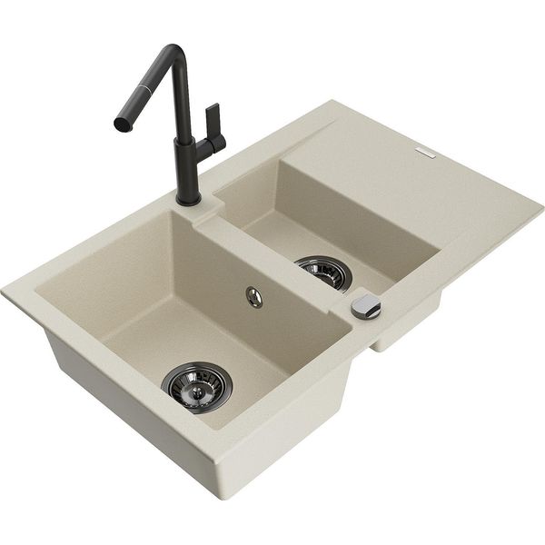 Mexen Gaspar Lavello In Granito 1,5 Vasca Con Scolapiatti E Rubinetto Da Cucina Flora, Beige - 6507-69-670401-70-B-image