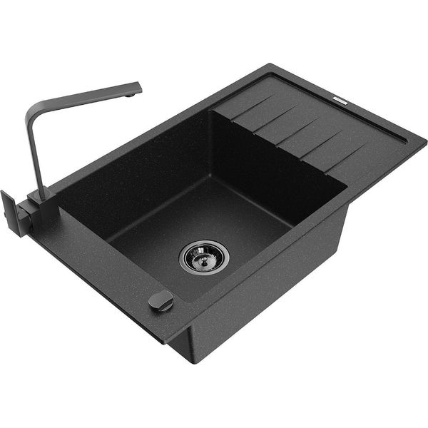 Mexen Elias Lavello In Granito A 1 Vasca Con Sgocciolatoio E Rubinetto Da Cucina Rita, Nero/Argento Metallizzato-image