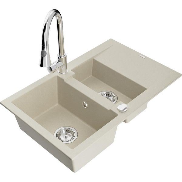 Mexen Gaspar Lavello In Granito 1,5 Vasche Con Sgocciolatoio E Miscelatore Da Cucina Elia, Beige - 6507-69-670101-00-image