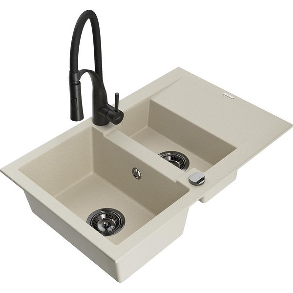 Mexen Gaspar Lavello In Granito 1,5 Vasche Con Scolapiatti E Miscelatore Cucina Aster, Beige - 6507-69-73450-70-B-image