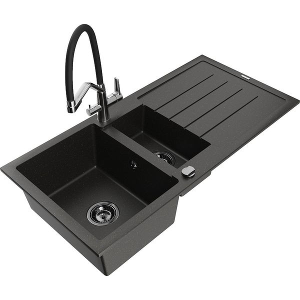 Mexen Andres Lavello In Granito 1,5 Vasca Con Scolapiatti E Miscelatore Cucina Duo, Nero/Oro Metallizzato - 6515-75-671701-07-B-image
